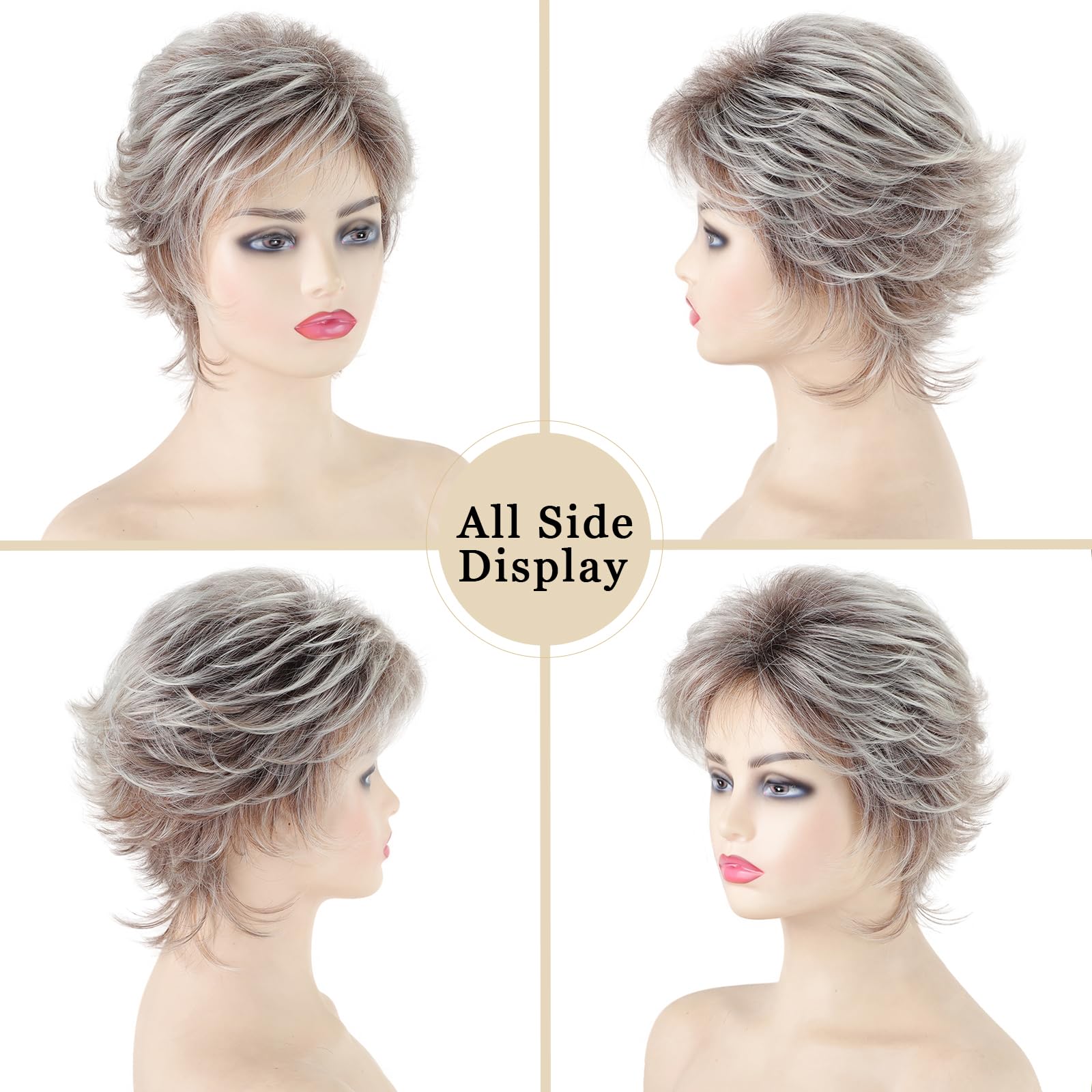 TISHINING short ombre blonde synthetic hairpiece with dark brown roots