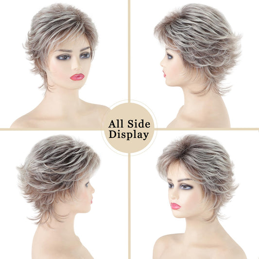 TISHINING short ombre blonde synthetic hairpiece with dark brown roots