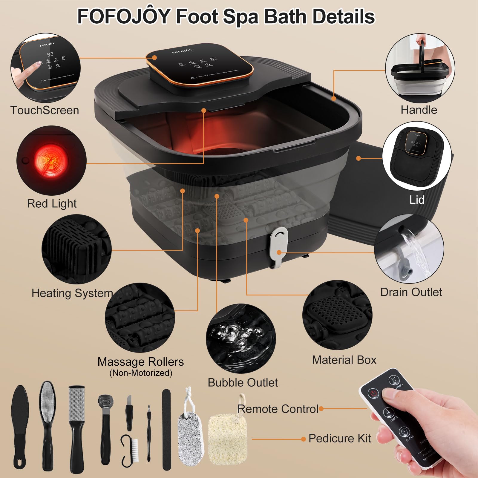 Fofojoy foot spa massager showing massage rollers and bubble jets