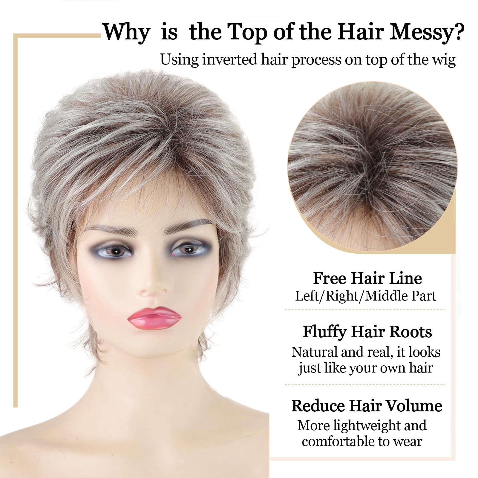Close up details of the wispy blonde bangs and face framing layers