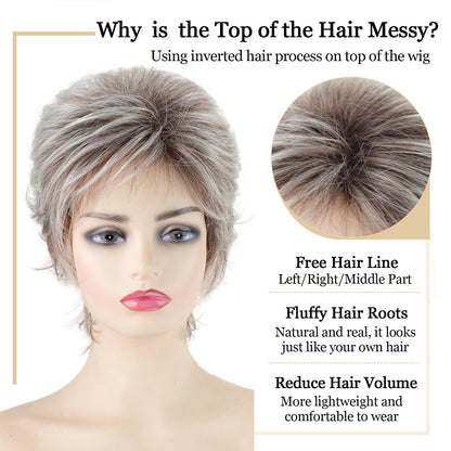 Close up details of the wispy blonde bangs and face framing layers