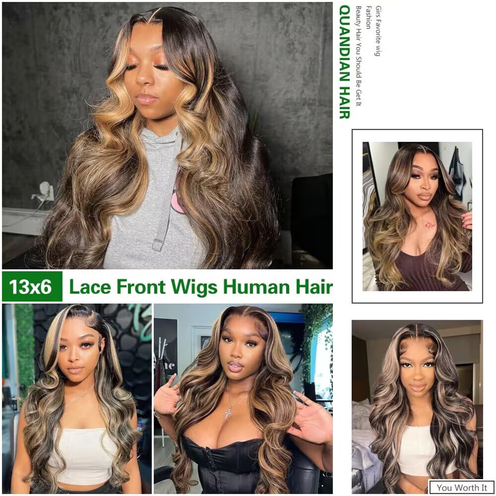 Model wearing the FB 27 honey blonde balayage glueless human hair wig parted down the middle.