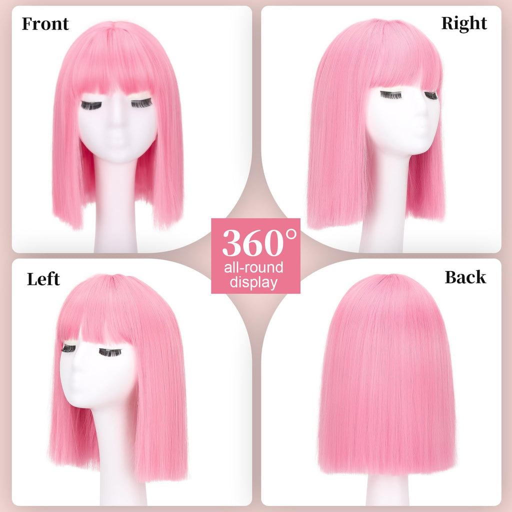Side profile of short straight pink synthetic costume wig with face framing fringe