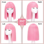 Side profile of short straight pink synthetic costume wig with face framing fringe