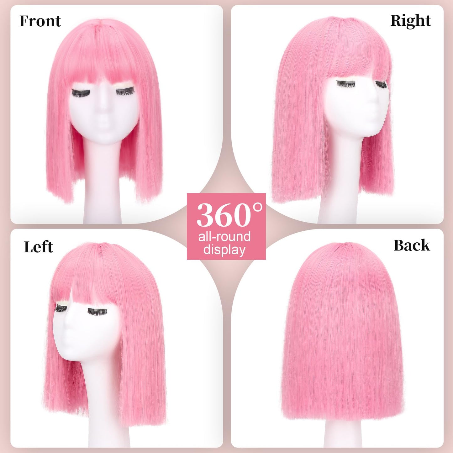 Side profile of short straight pink synthetic costume wig with face framing fringe