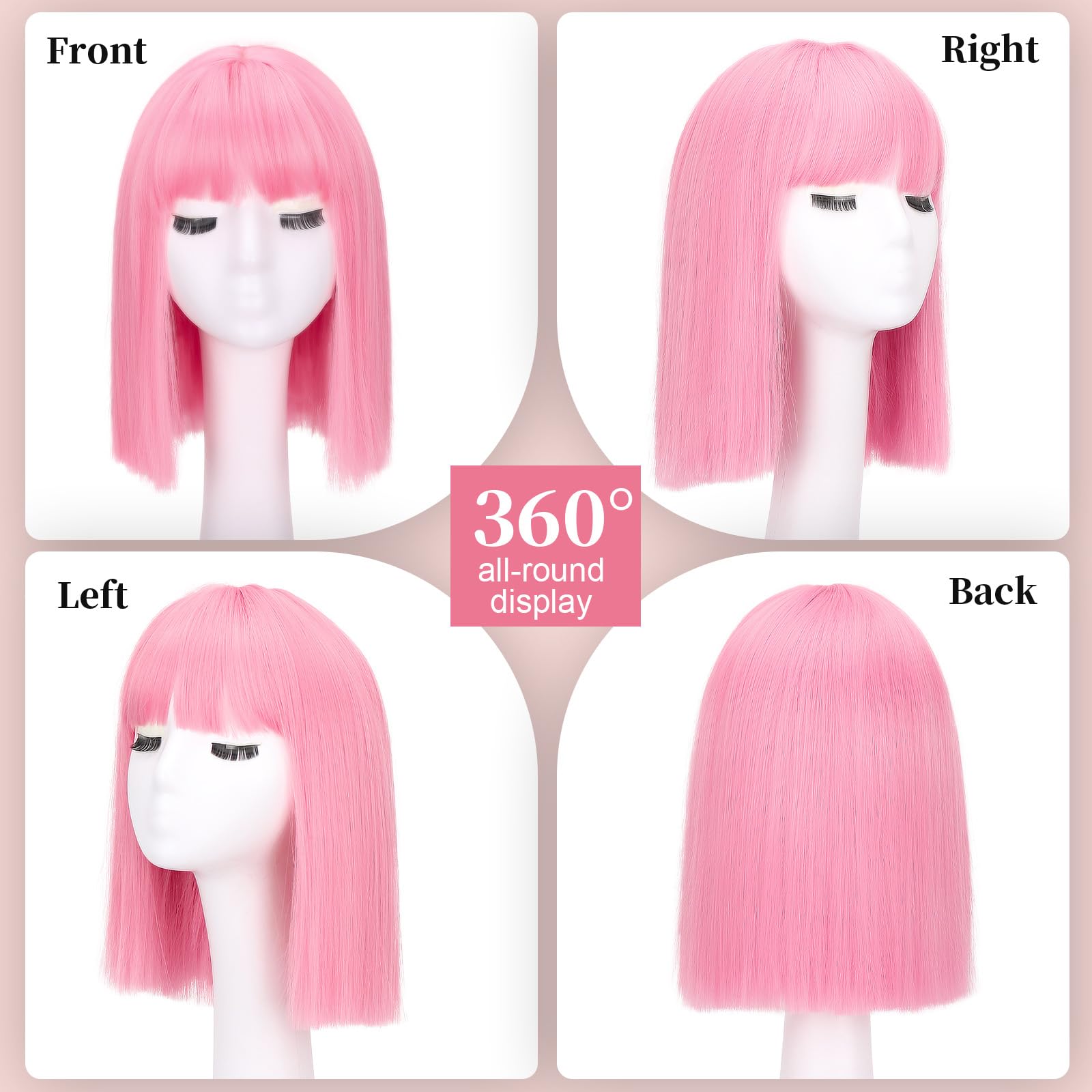 Side profile of short straight pink synthetic costume wig with face framing fringe