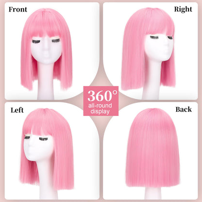 Side profile of short straight pink synthetic costume wig with face framing fringe