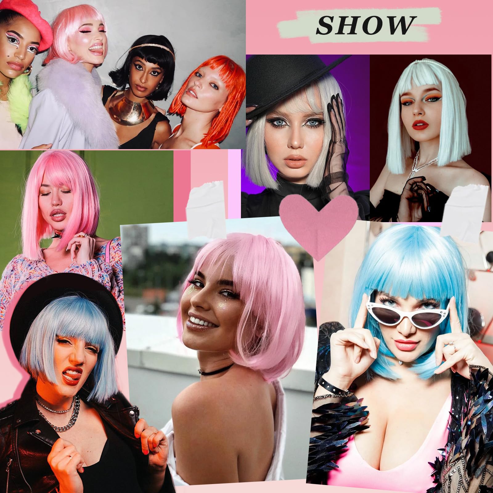 Close up view of the heat resistant high temperature fiber construction on pink bob hairpiece