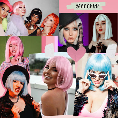 Close up view of the heat resistant high temperature fiber construction on pink bob hairpiece