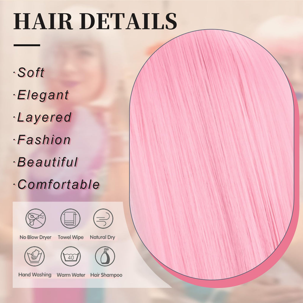 Model showcasing the natural looking pink synthetic cosplay wig for party use