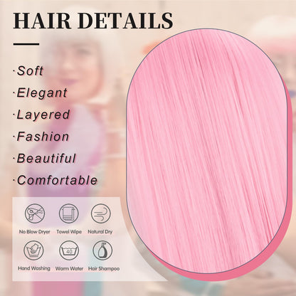 Model showcasing the natural looking pink synthetic cosplay wig for party use