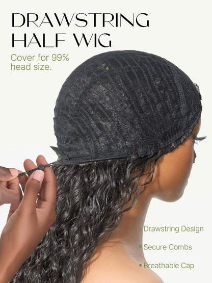 Detailed view of the internal glueless cap construction featuring adjustable drawstrings and combs.