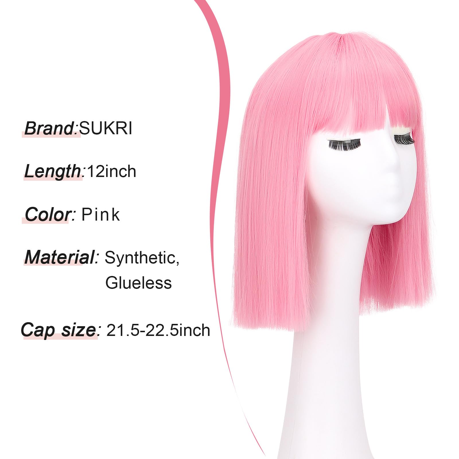 Back view of the symmetrical twelve inch straight cut pink bob wig hairstyle