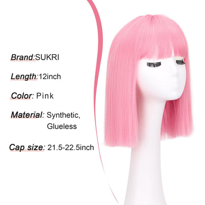 Back view of the symmetrical twelve inch straight cut pink bob wig hairstyle