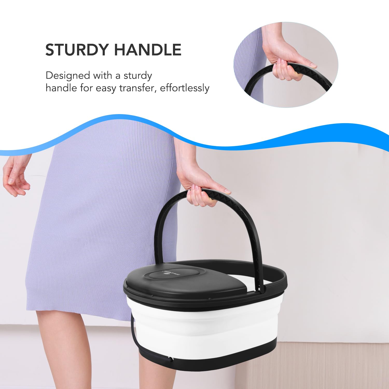 Person using SPA4PIEDS collapsible foot spa for home relaxation
