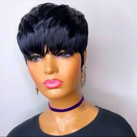 Side profile view of the short glueless Brazilian virgin human hairpiece showcasing the precision layered haircut.