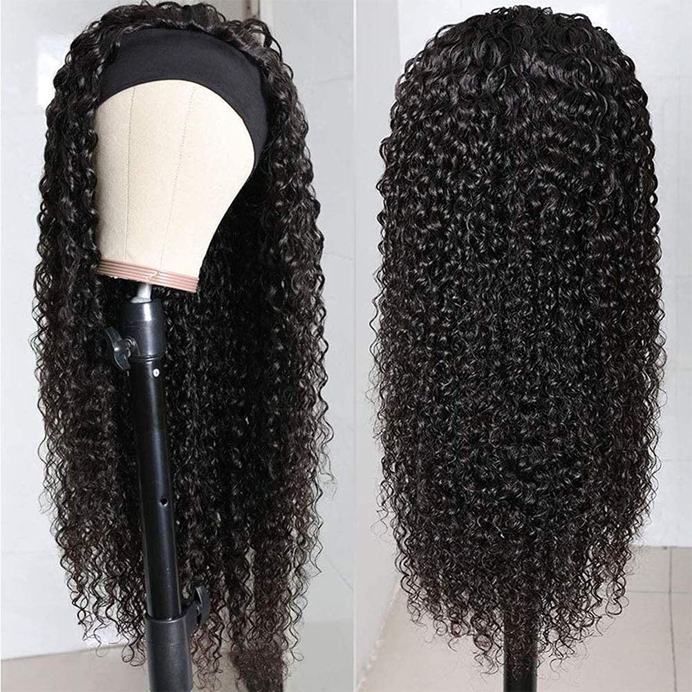 Glueless machine made none lace front human hair wig with black ice silk headband.