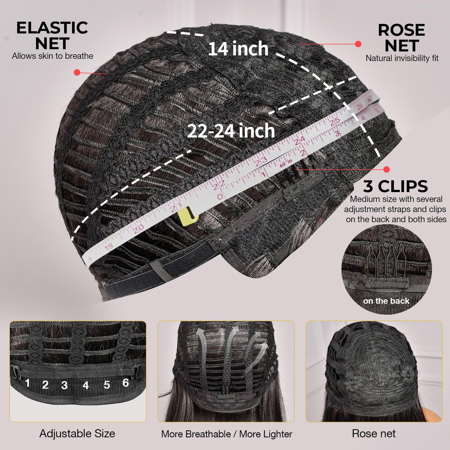 ToyoTress short hair wig inner cap construction featuring adjustable straps and clips