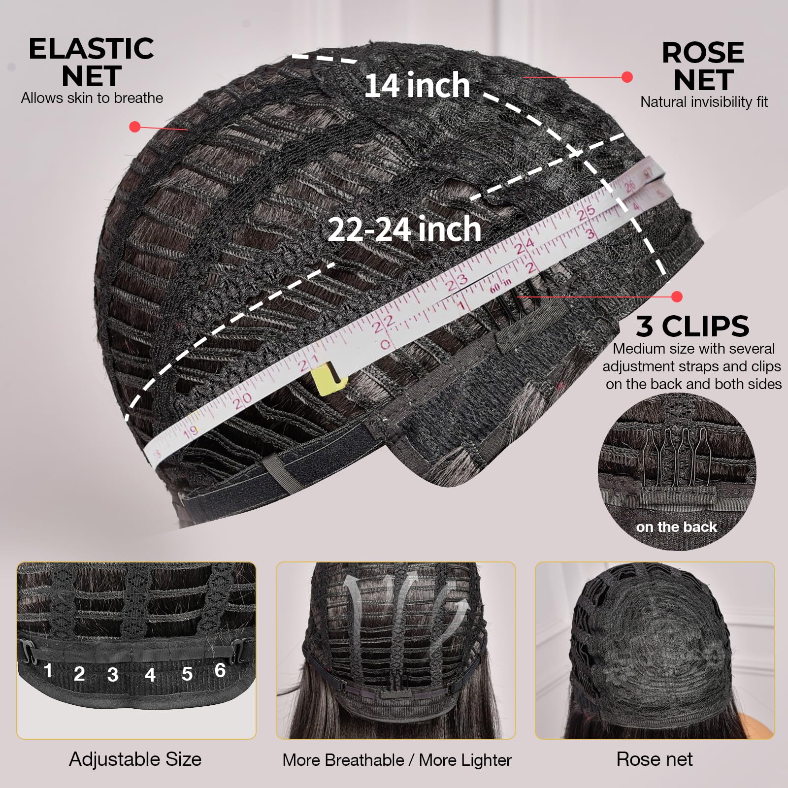 ToyoTress short hair wig inner cap construction featuring adjustable straps and clips