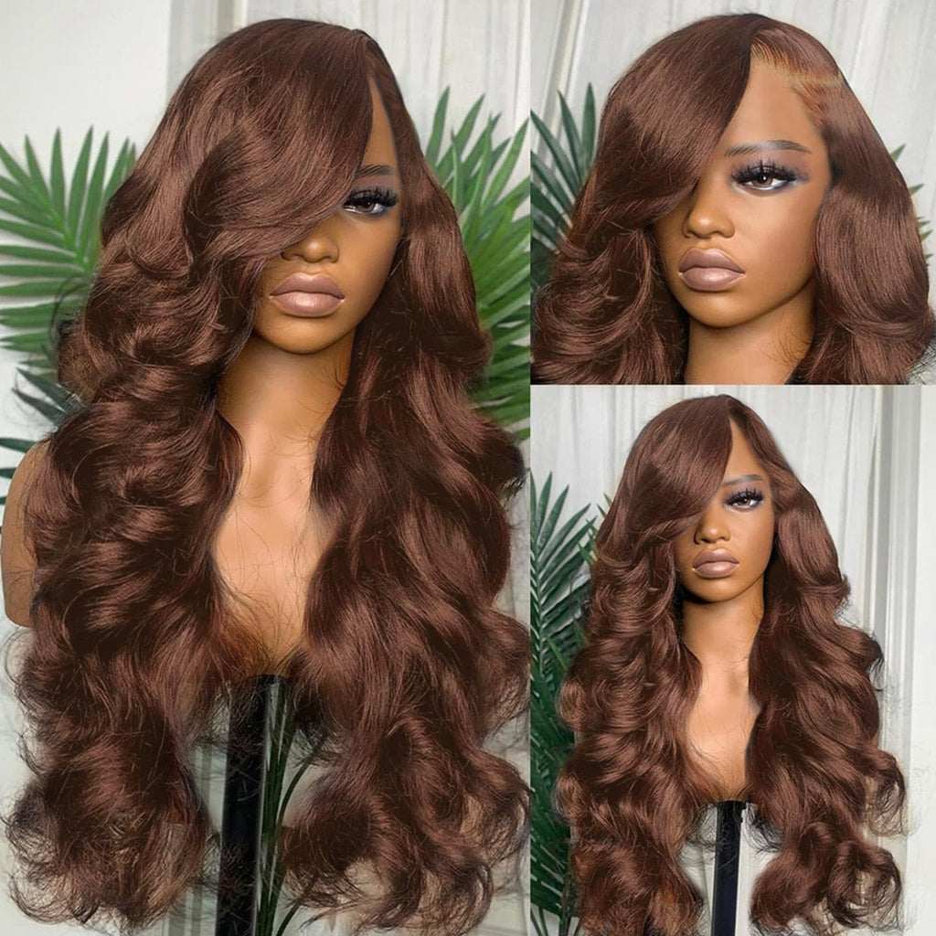 Side angle of the 200 density chocolate brown human hair wig illustrating fullness and thick layered waves