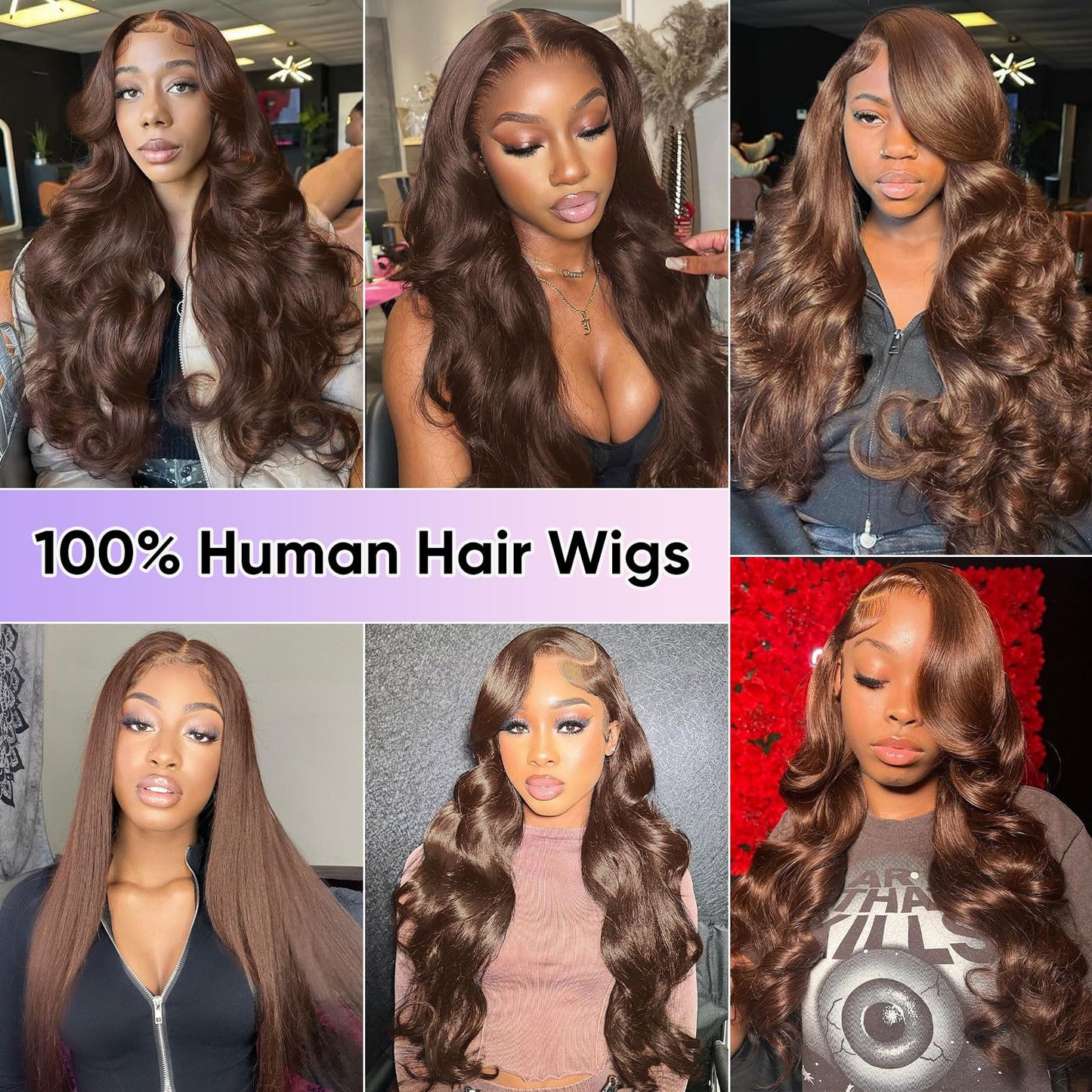 Back view of the 30 inch premium chocolate brown human hair wig demonstrating long bouncing body waves