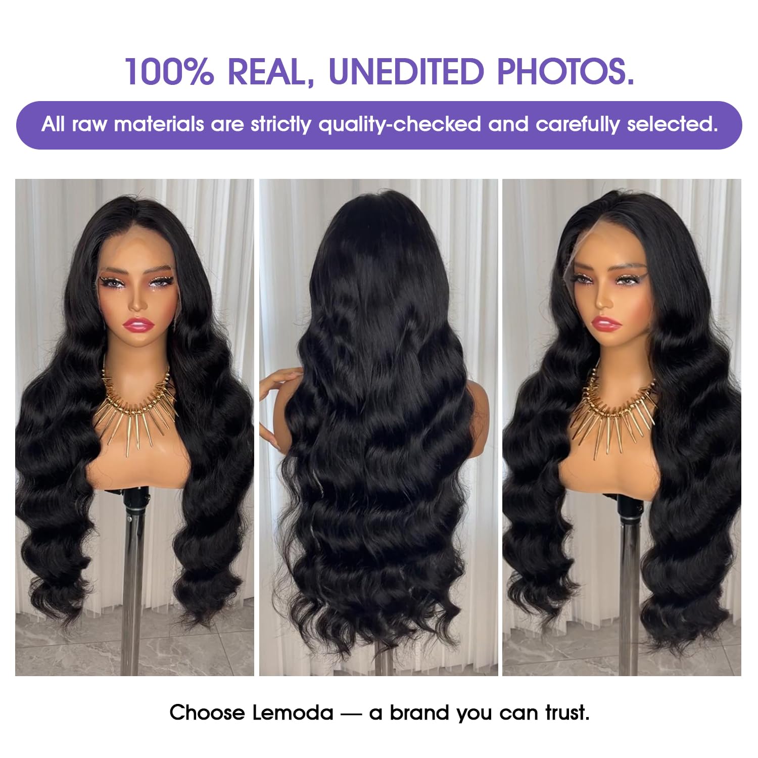 Close up of Lemoda HD transparent lace frontal material on a 26 inch virgin wig