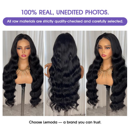 Close up of Lemoda HD transparent lace frontal material on a 26 inch virgin wig