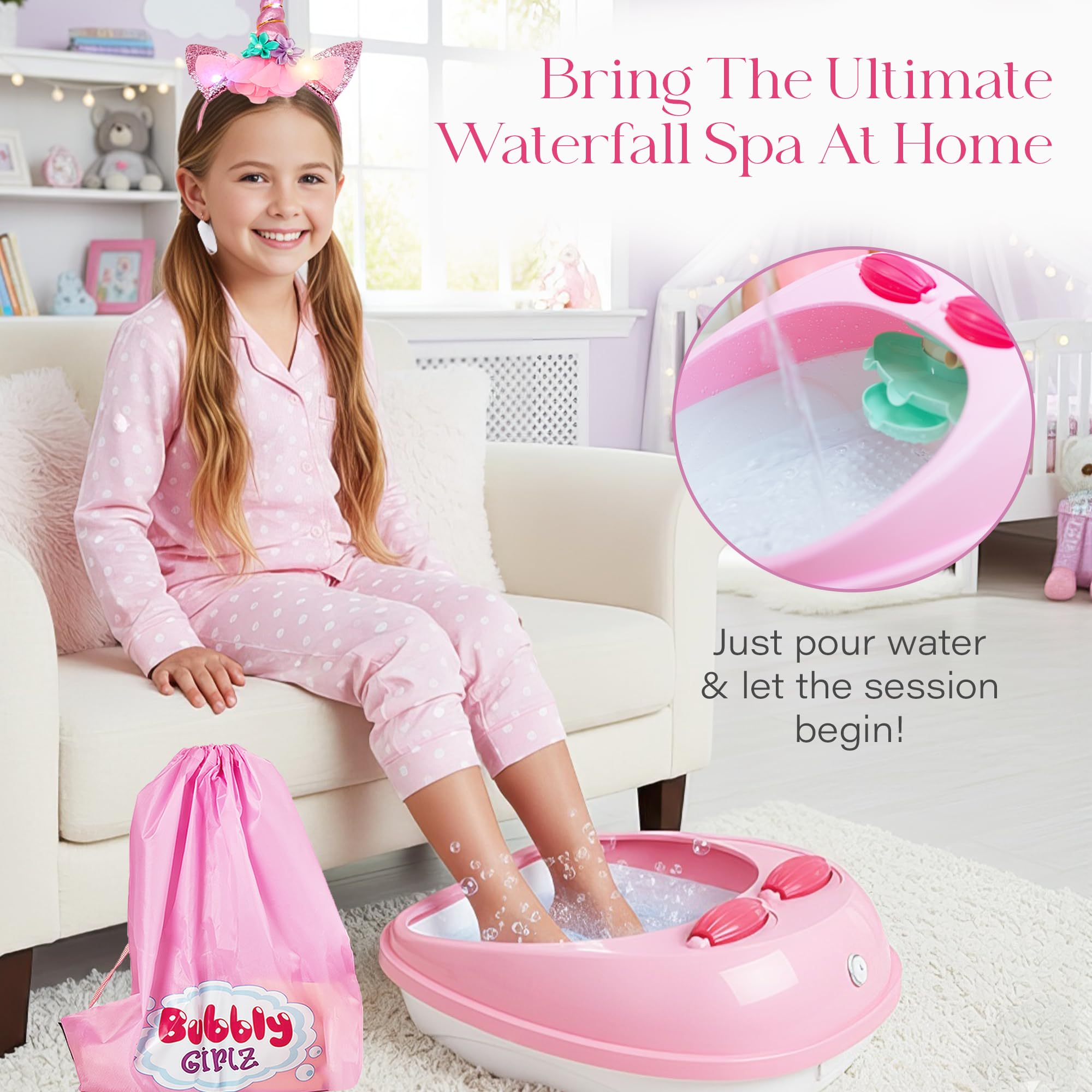 Bubbly Girlz waterfall foot spa tub with water beads and accessories.