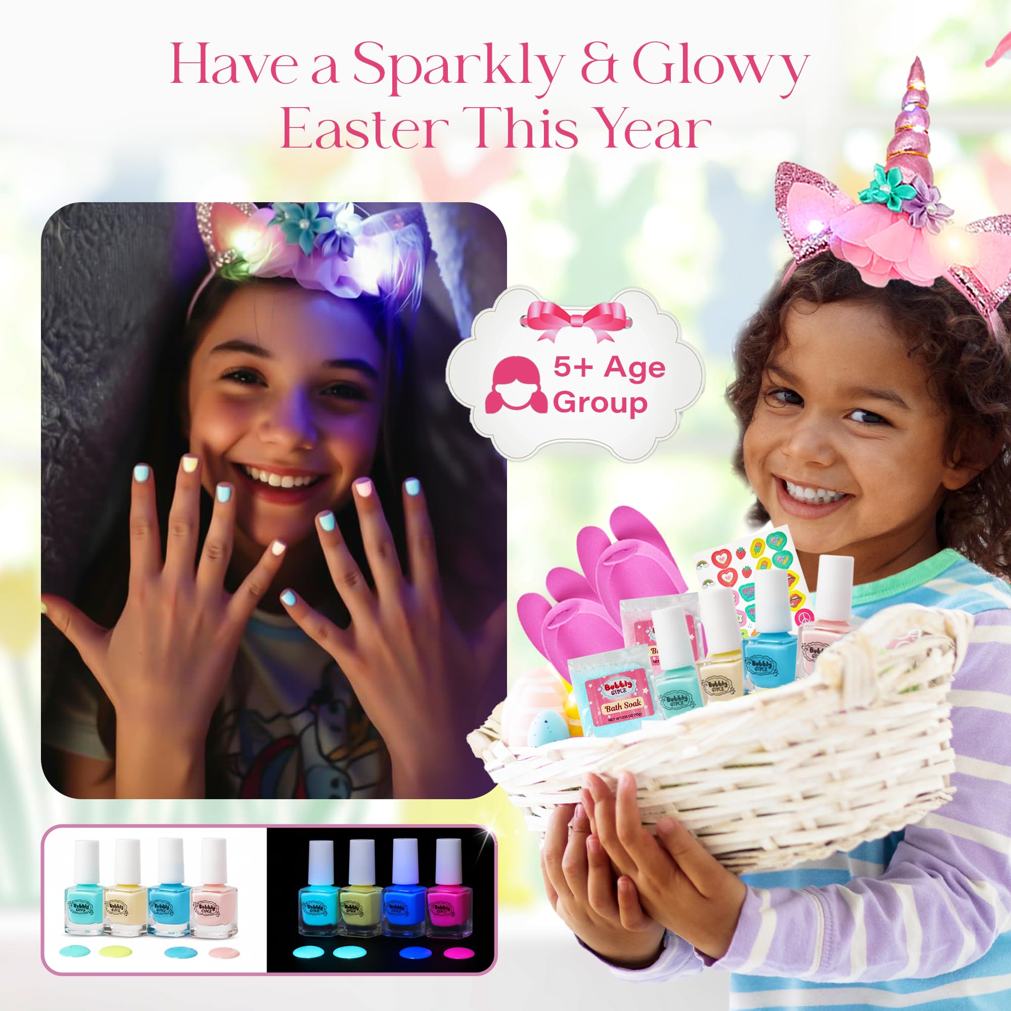 Full contents of Bubbly Girlz 42-piece spa kit including headband and slippers.