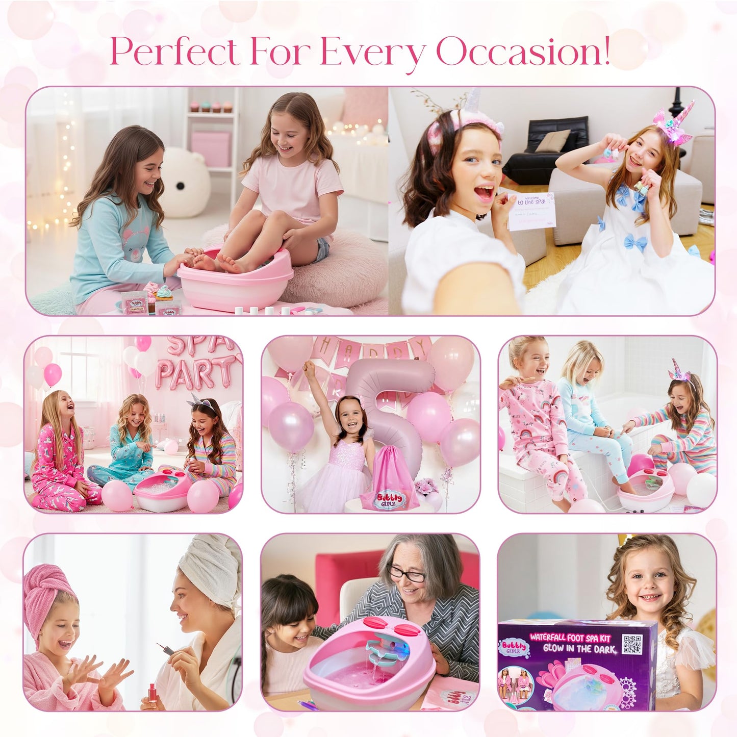 Bubbly Girlz spa kit showing glow-in-the-dark feature in a dim room.