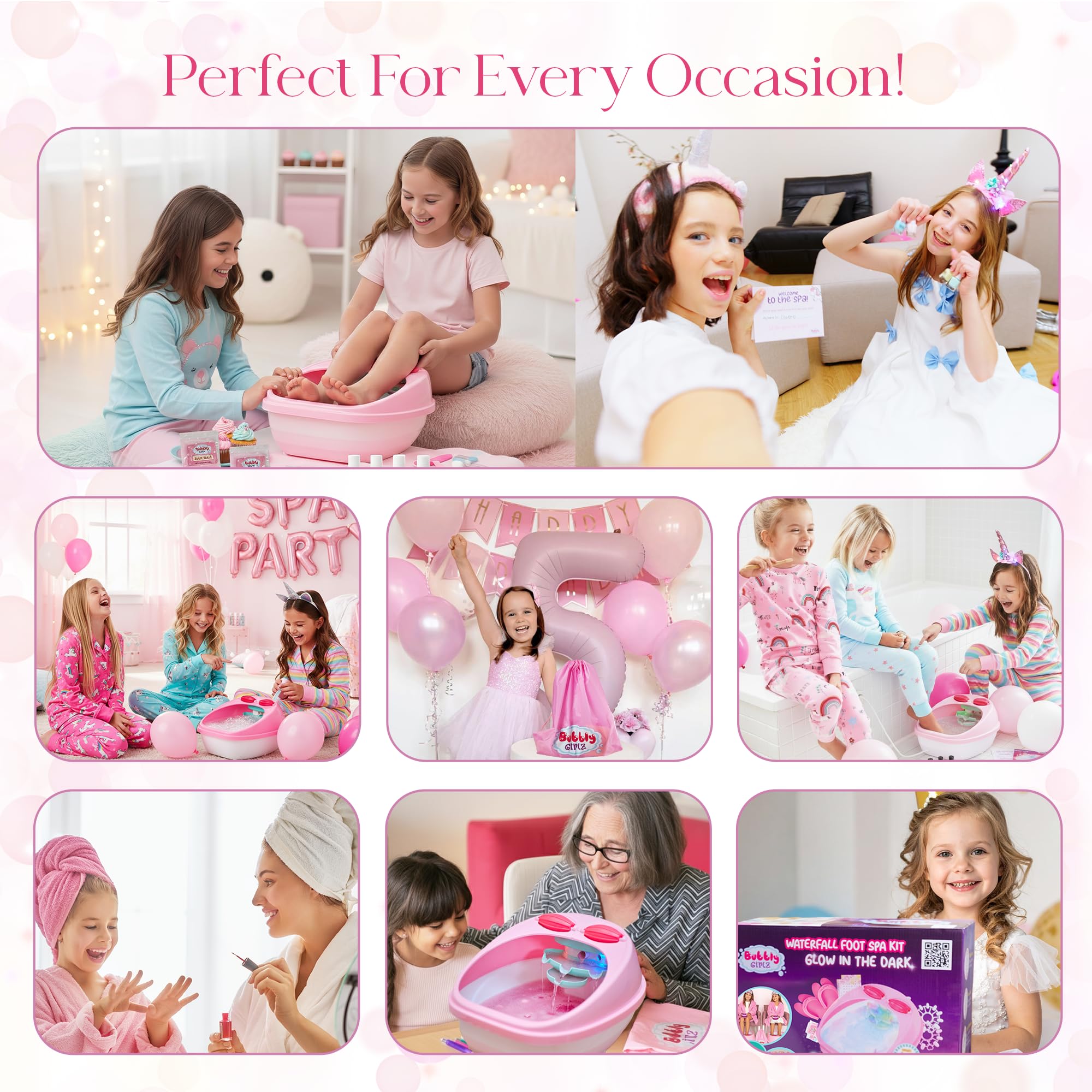 Bubbly Girlz spa kit showing glow-in-the-dark feature in a dim room.