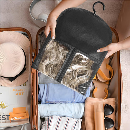 AIHOPESTO three pack protective hairpiece carriers demonstrating hair washing and drying setup utilizing the weather resistant utility hooks.