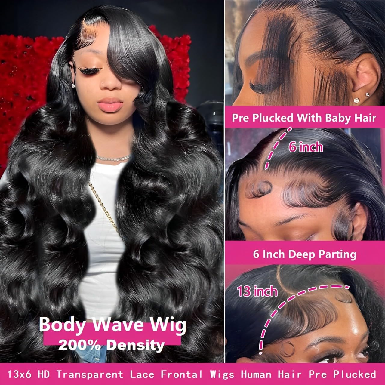Celaude 200 percent density body wave human hair wig hairline close up