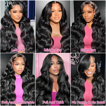 Celaude thirty inch body wave lace frontal wig natural black color texture