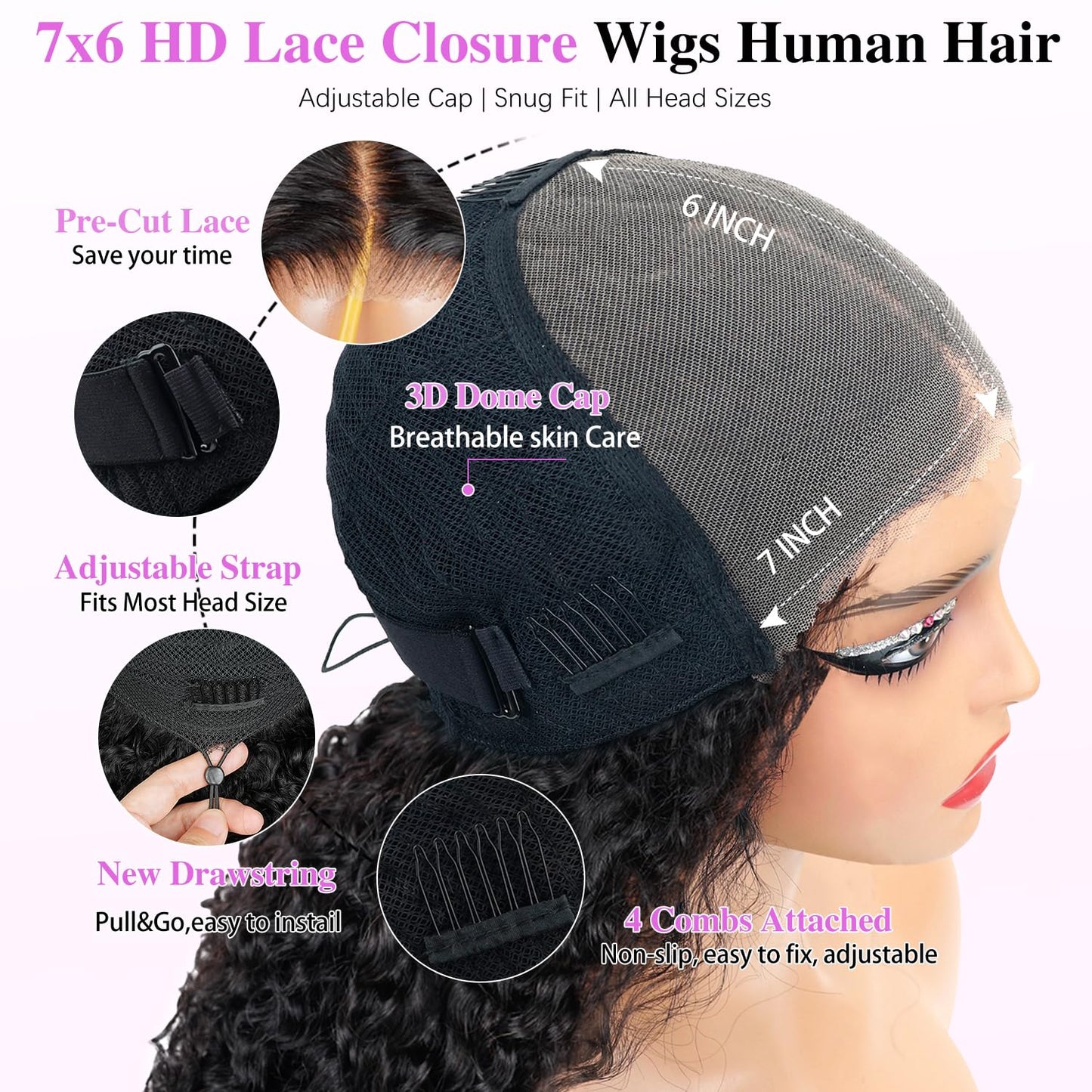 Natural color Burmese human hair wig showing the thick texture and two hundred and fifty percent density.
