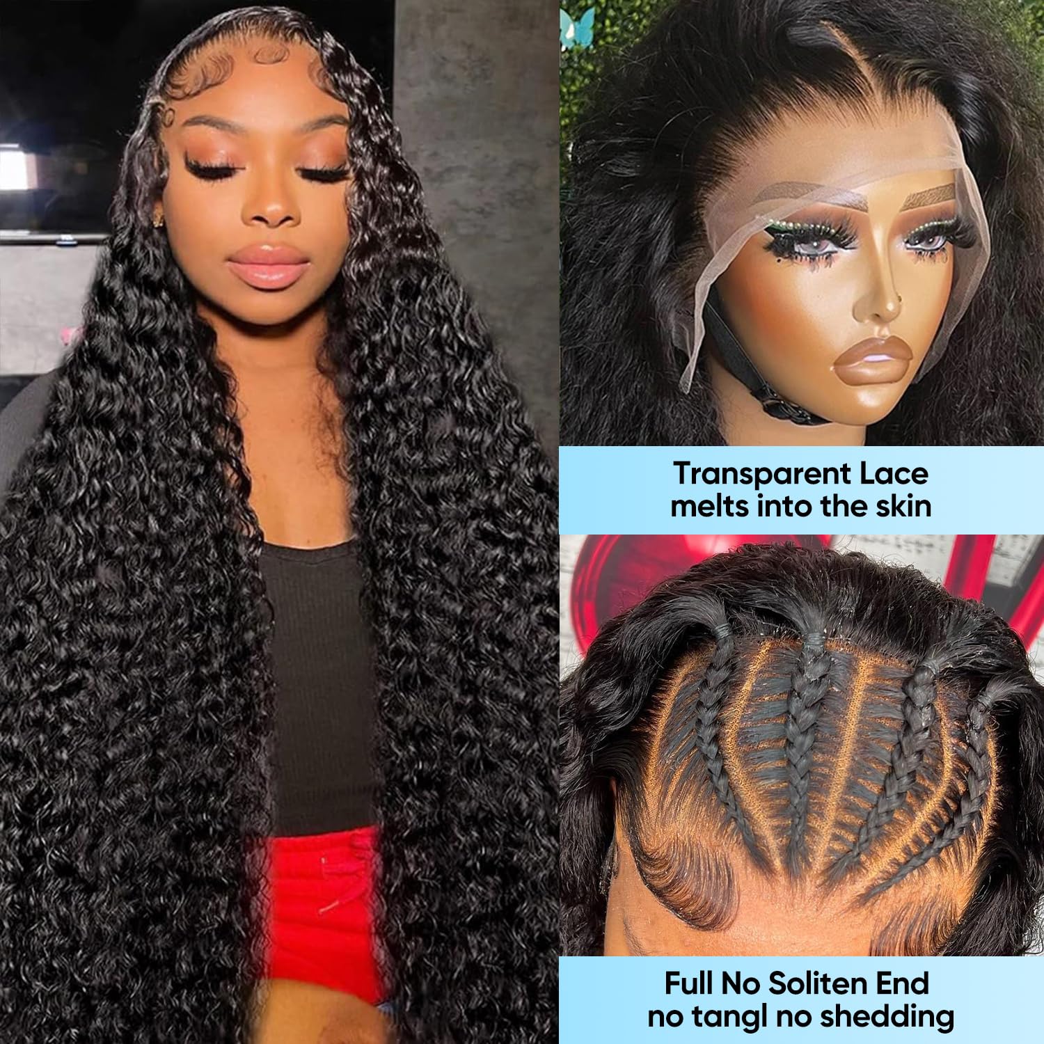 Close up view of the HD transparent lace hairline on the BJVT 200 density deep wave frontal wig.