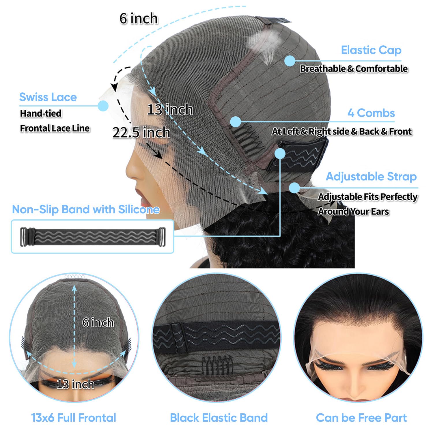 Interior construction of the BJVT 13x6 lace wig cap showing adjustable straps and secure placement combs.