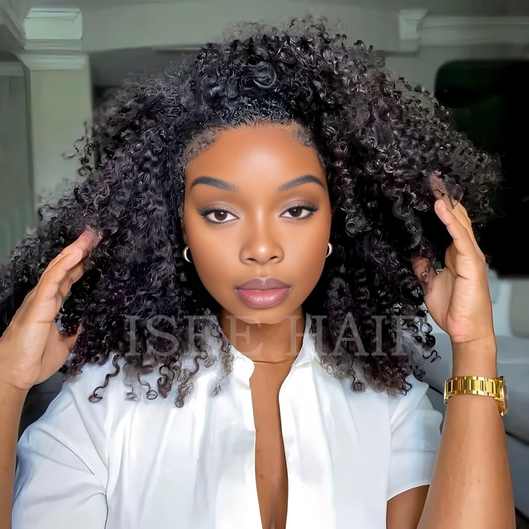 ISEE Human Hair Kinky Curly Half Wig showcasing the inside cap construction with combs