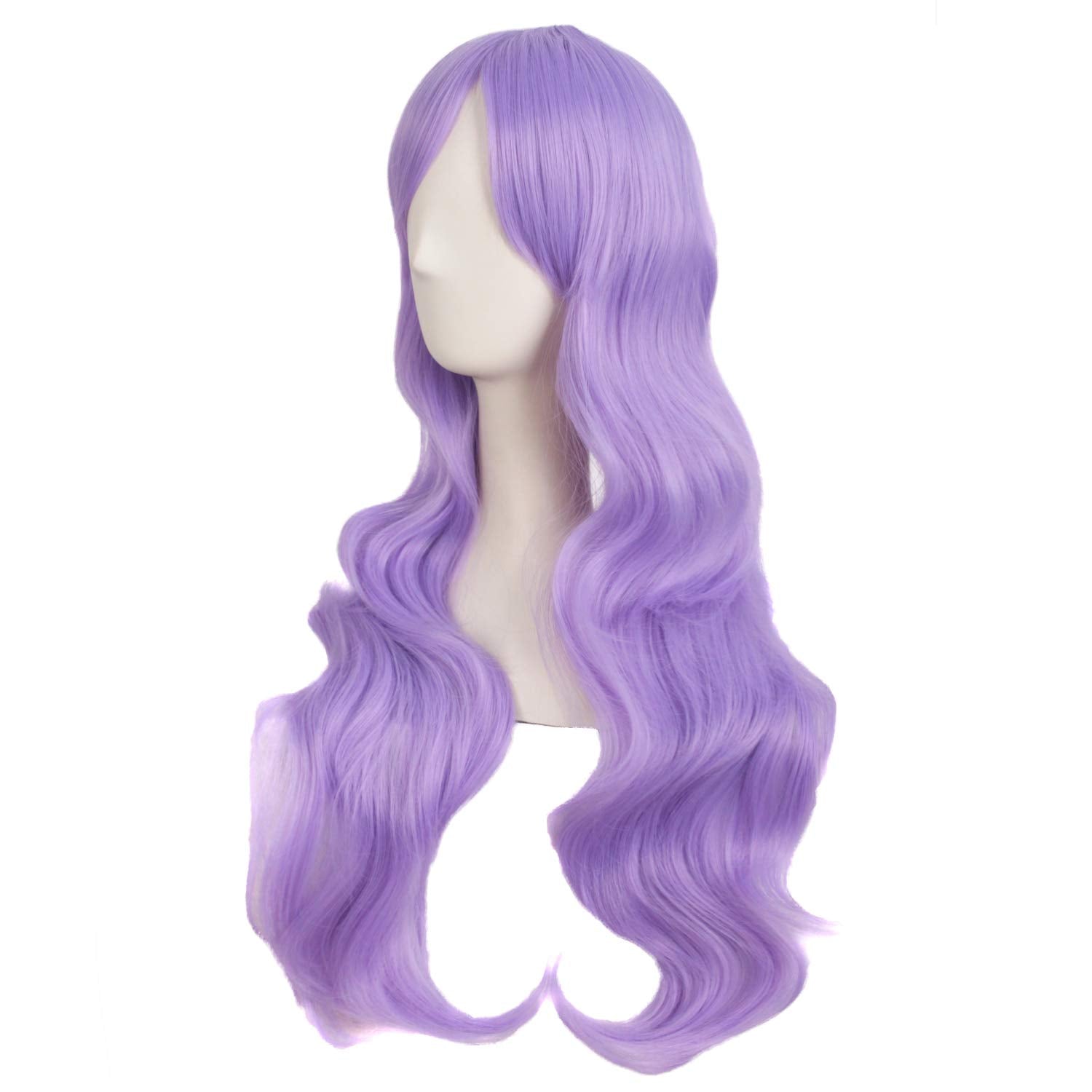 MapofBeauty heat resistant long curly synthetic wig close up of the light purple face-framing fringe.