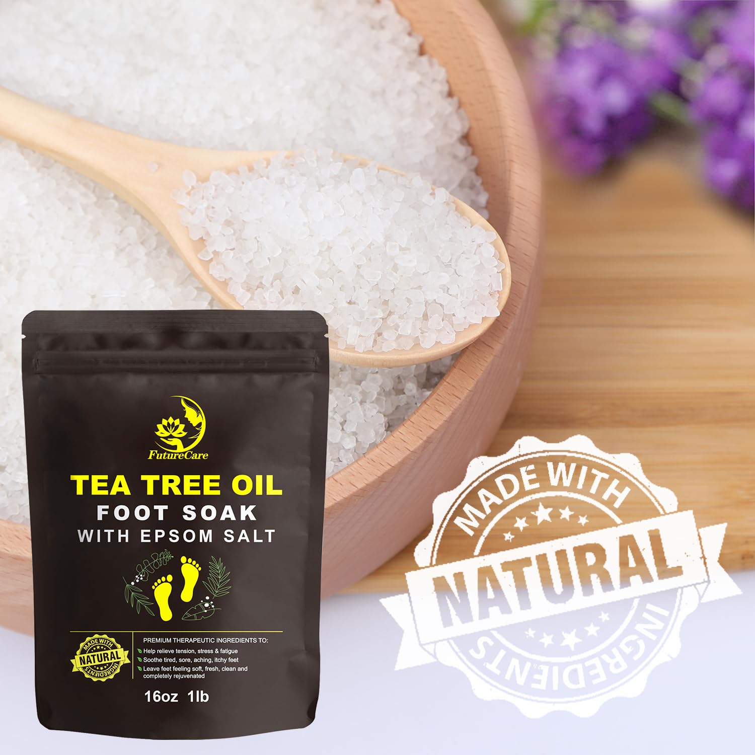 Included tea tree oil and Epsom salt soak bottle