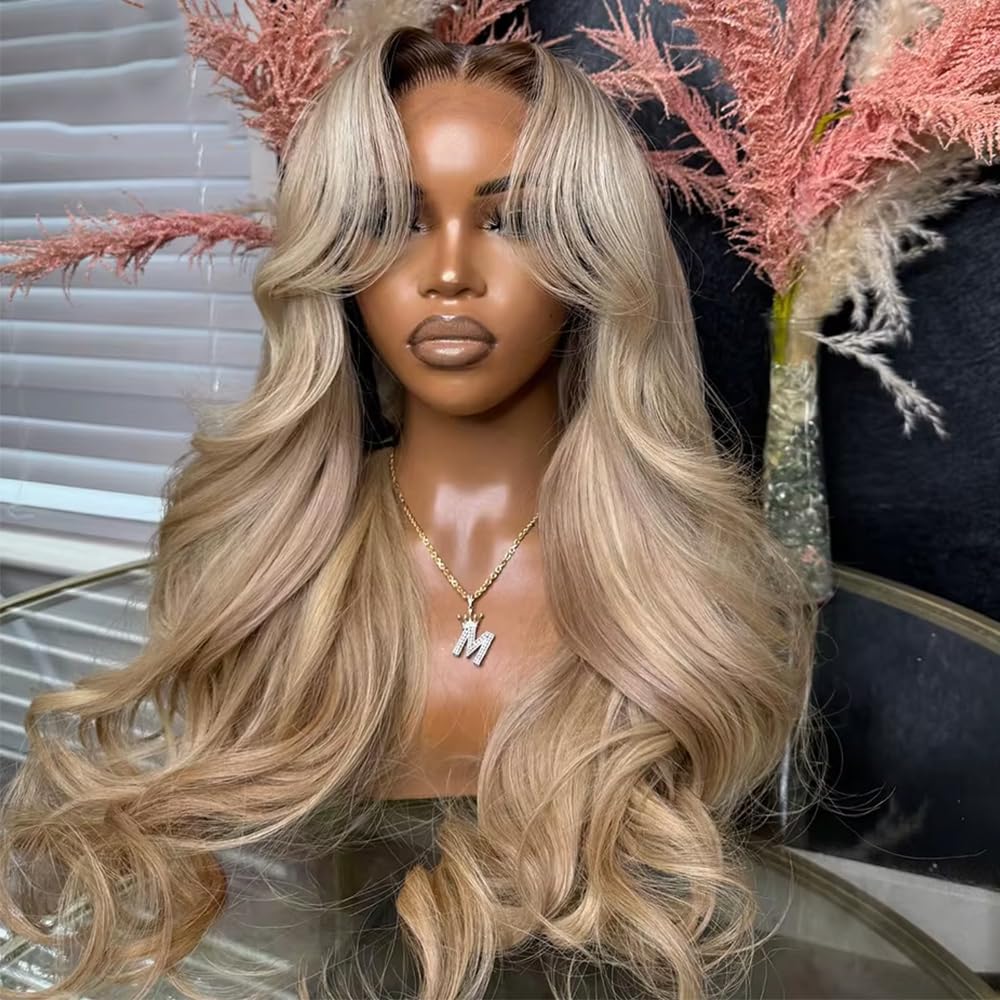 Premium 200 percent density ash blonde colored lace front wig showing thickness and volume