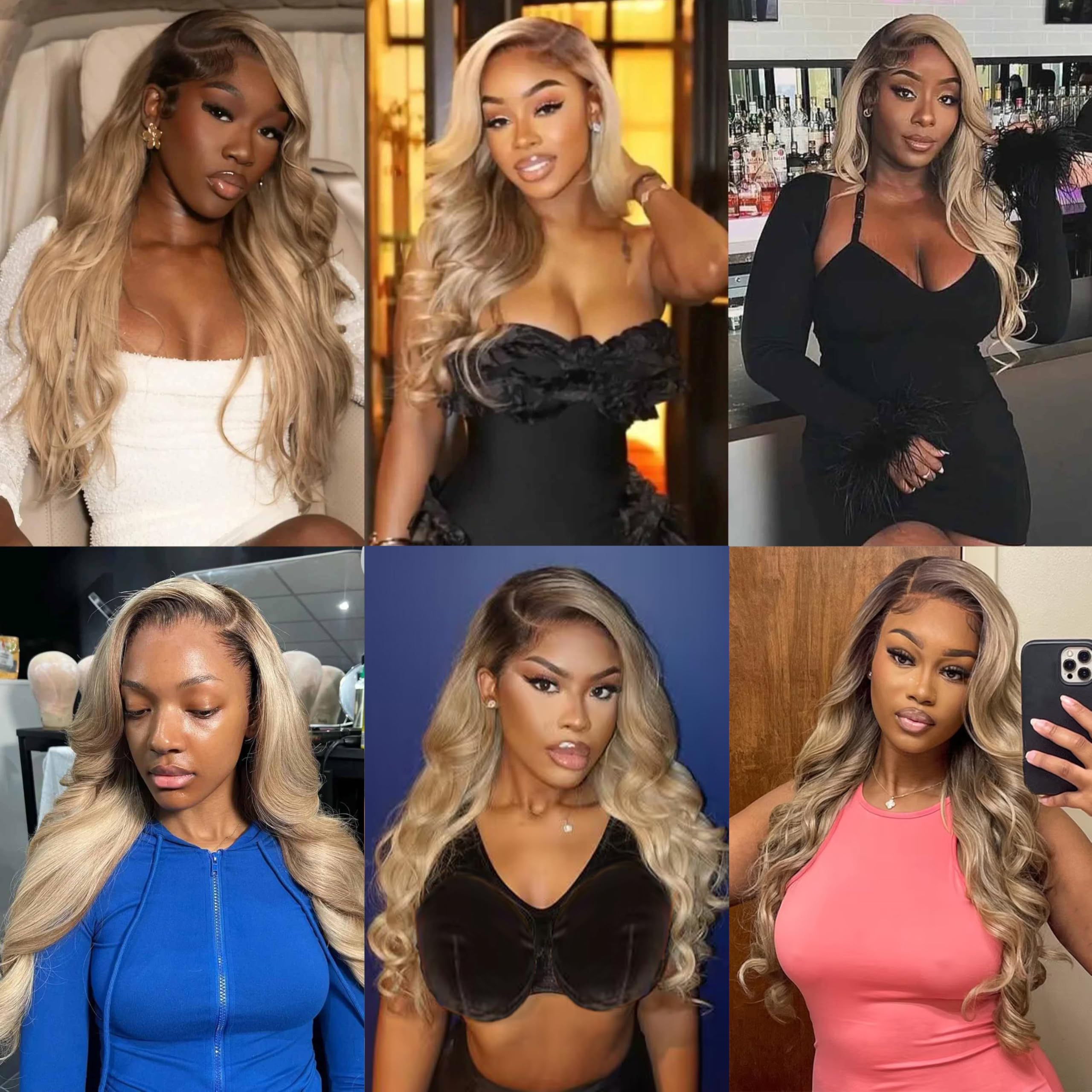 Side angle profile of 26 inch dimensional ash blonde hair with realistic dark ombre roots