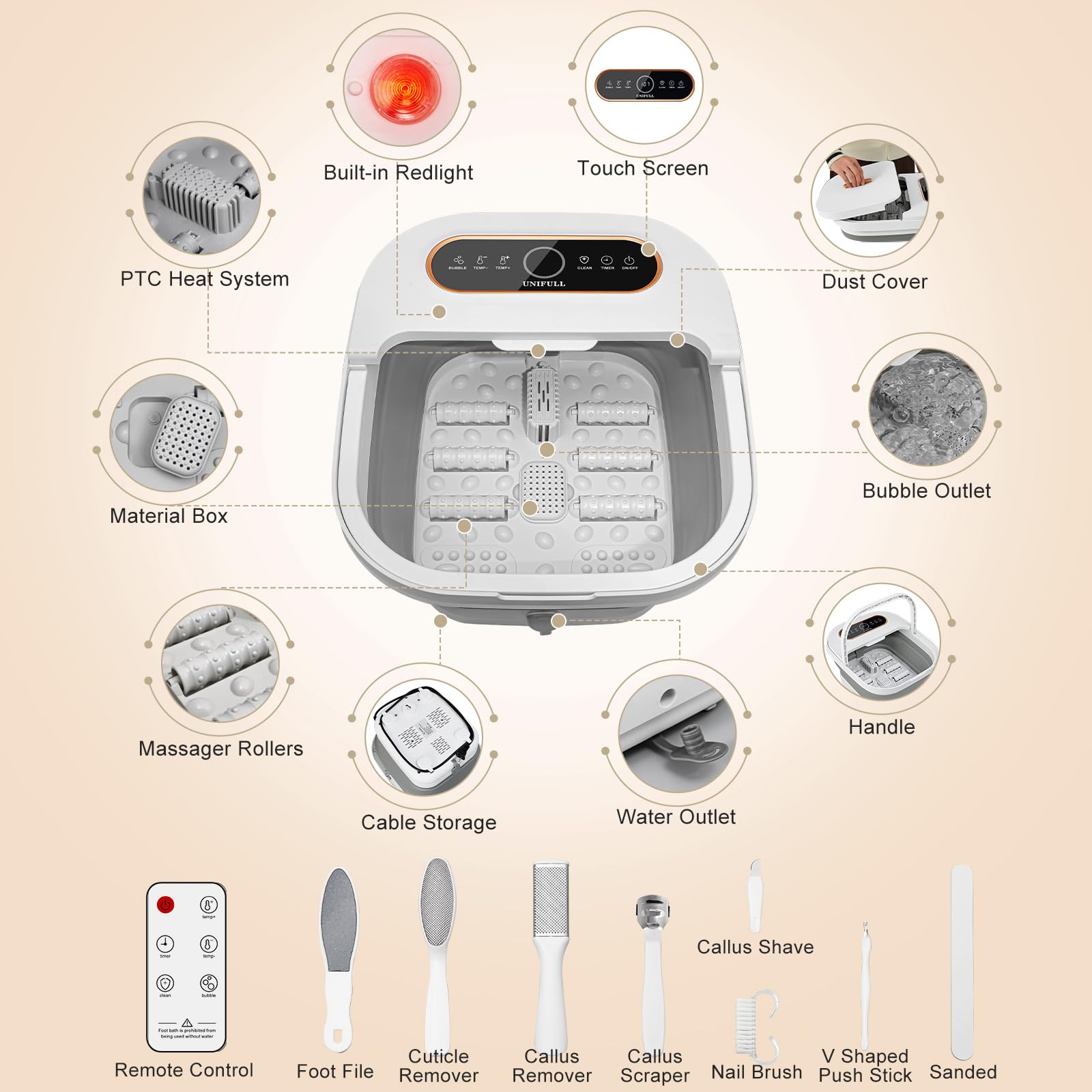 Unifull foot bath showing massage rollers and bubble function