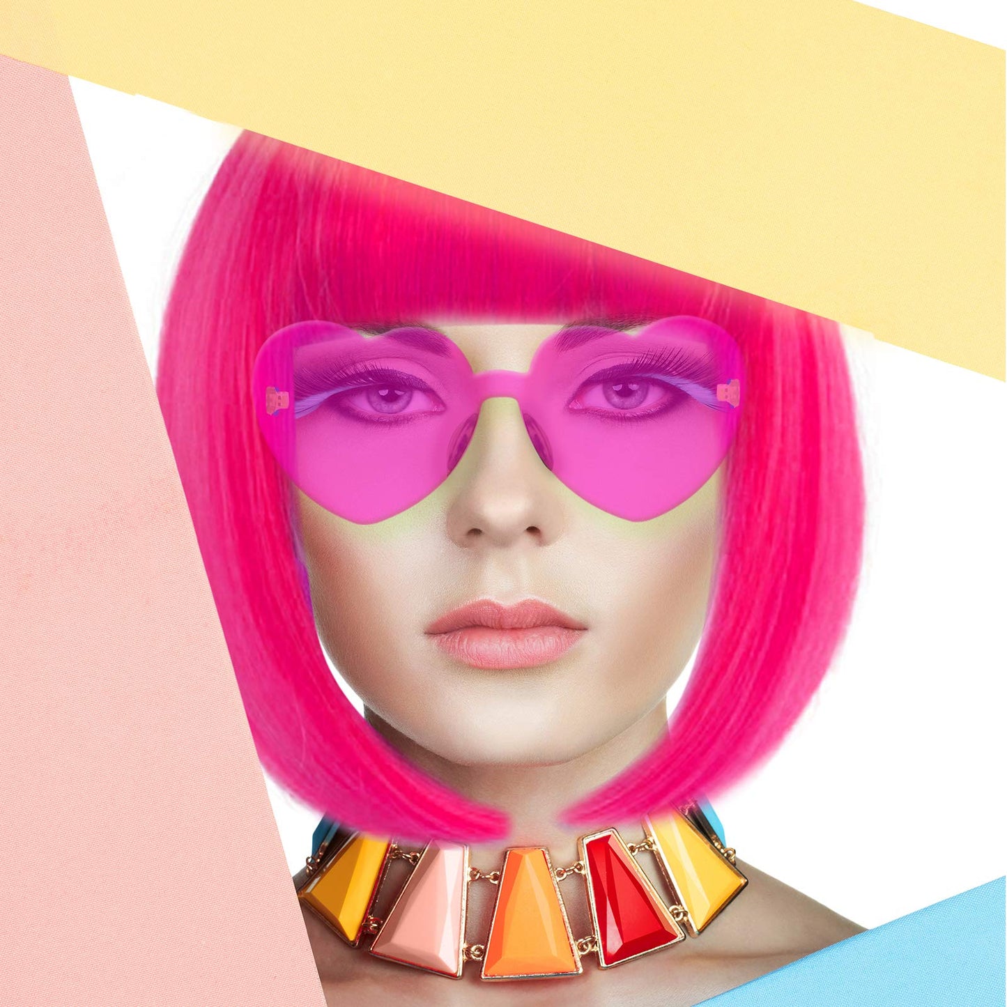 LIULIUBTY colorful cosplay party hairpiece shown with included rimless heart shaped sunglasses on display