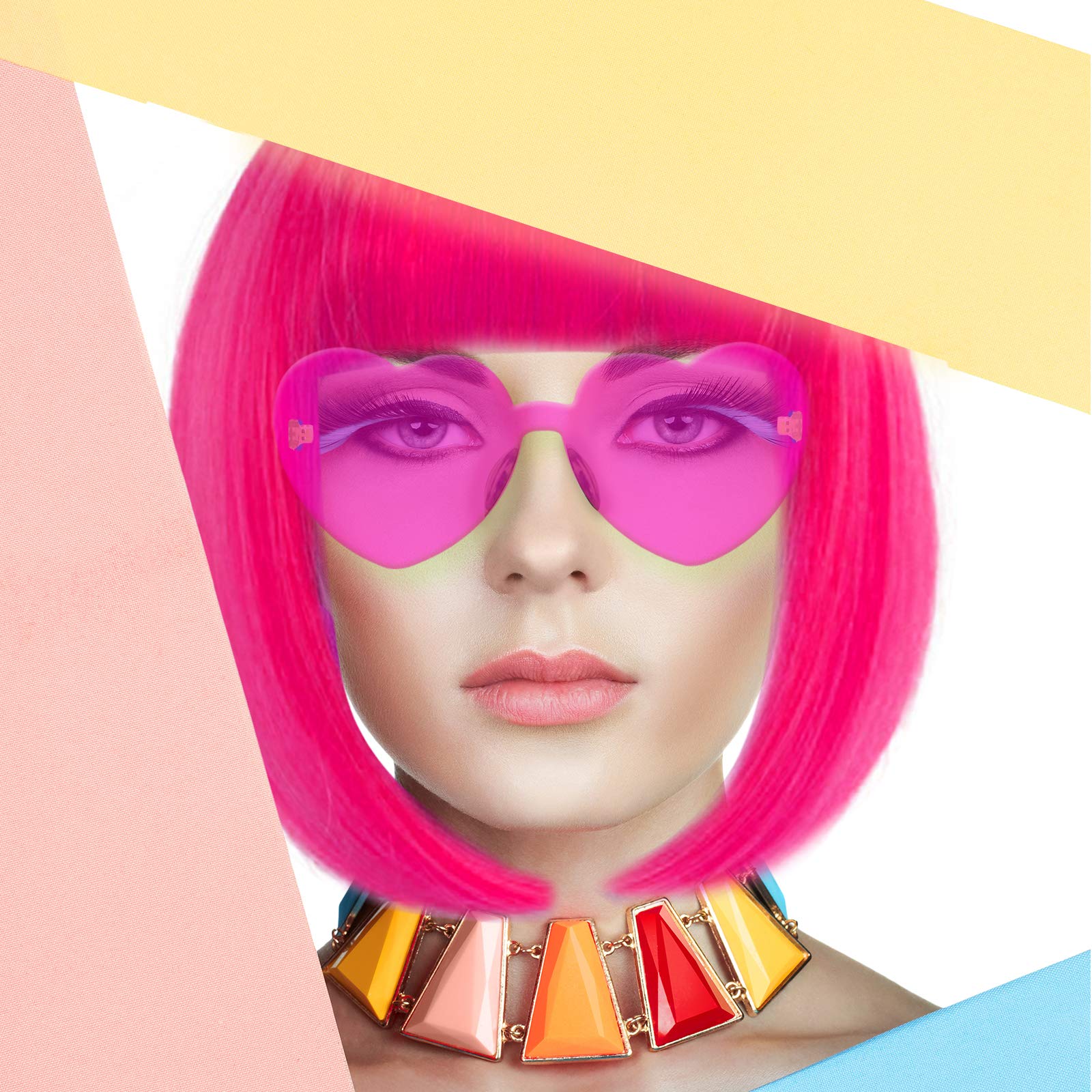 LIULIUBTY colorful cosplay party hairpiece shown with included rimless heart shaped sunglasses on display