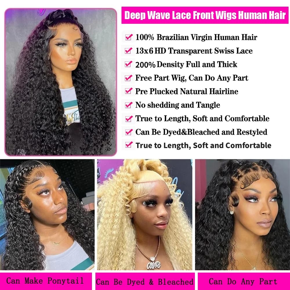 Back perspective of a 26 inch long deep wave human hair wig
