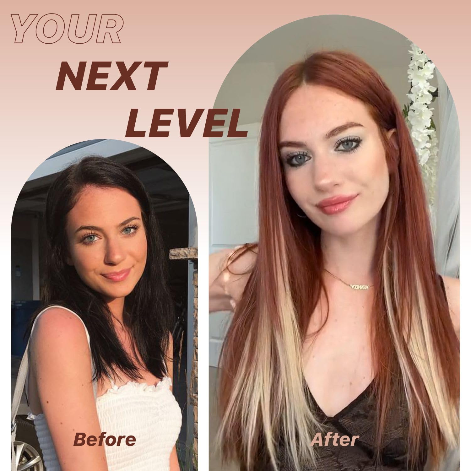 Long layered synthetic lace front wig with ginger highlights on a mannequin stand