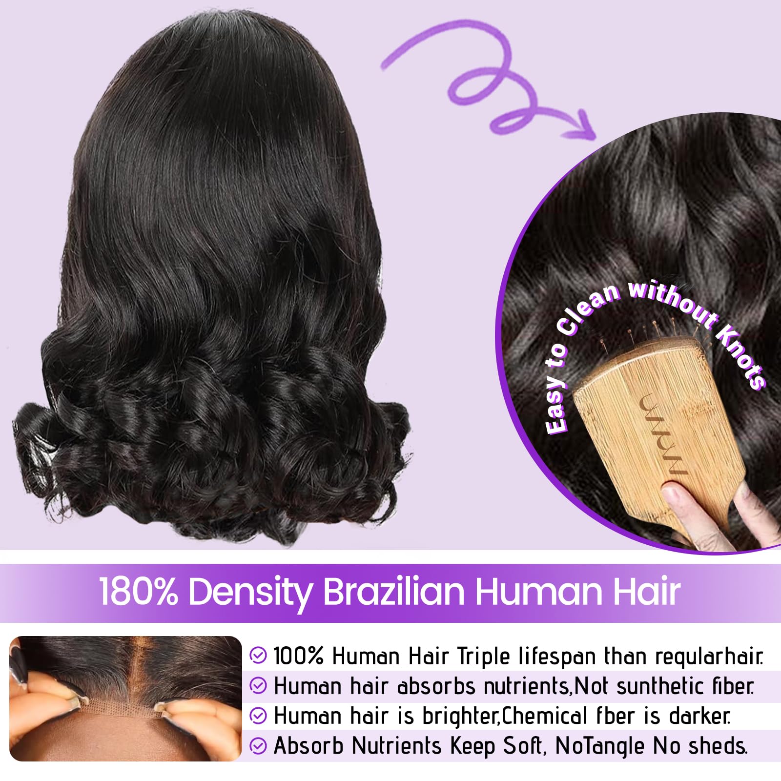 Uvvuvv 14 inch body wave human hair wig showcasing natural color and realistic 180 percent density.