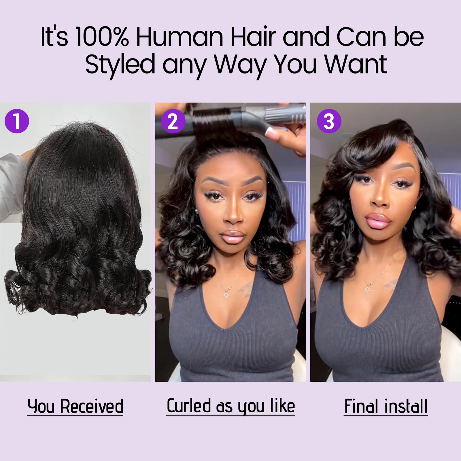 Close up view of the pre-plucked hairline on the four by four lace closure wig.