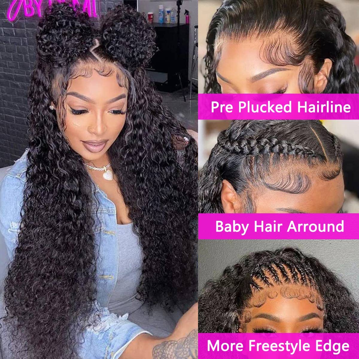 Close-up view of the pre-plucked natural hairline and HD transparent lace frontal on the EMOL virgin hair wig